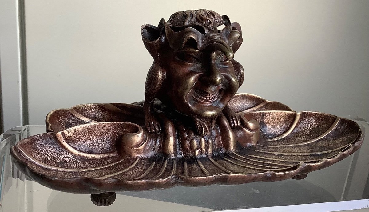 Bronze Inkwell On Base With Grotesque Monster Head