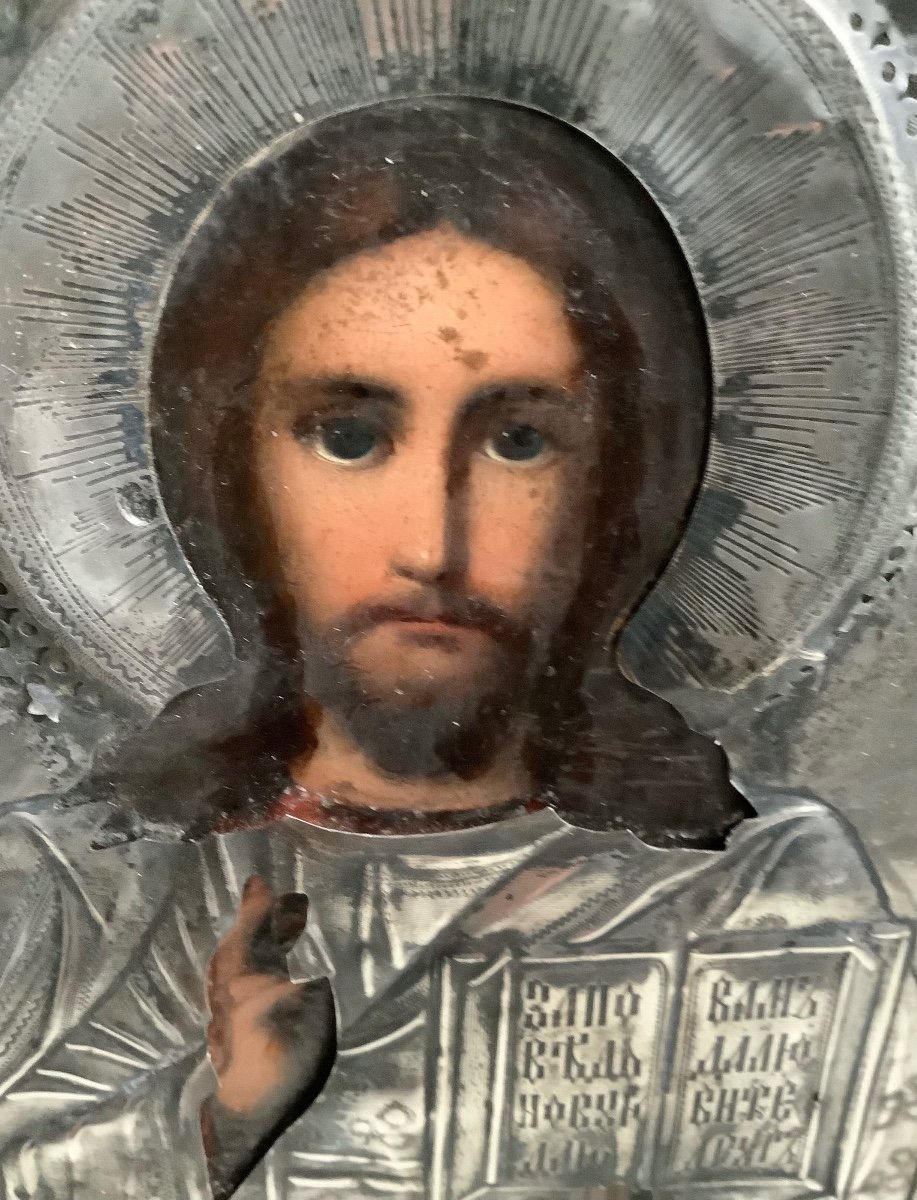 Icon Of Christ Pantocrator, Oil On Wood In Silver 84 Zolotniks, Moscow 1899-1908-photo-2