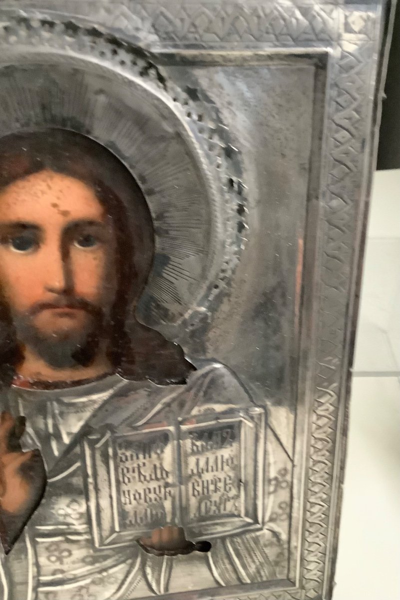 Icon Of Christ Pantocrator, Oil On Wood In Silver 84 Zolotniks, Moscow 1899-1908-photo-4