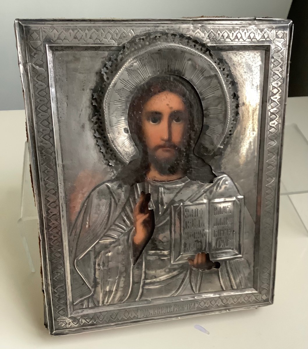 Icon Of Christ Pantocrator, Oil On Wood In Silver 84 Zolotniks, Moscow 1899-1908