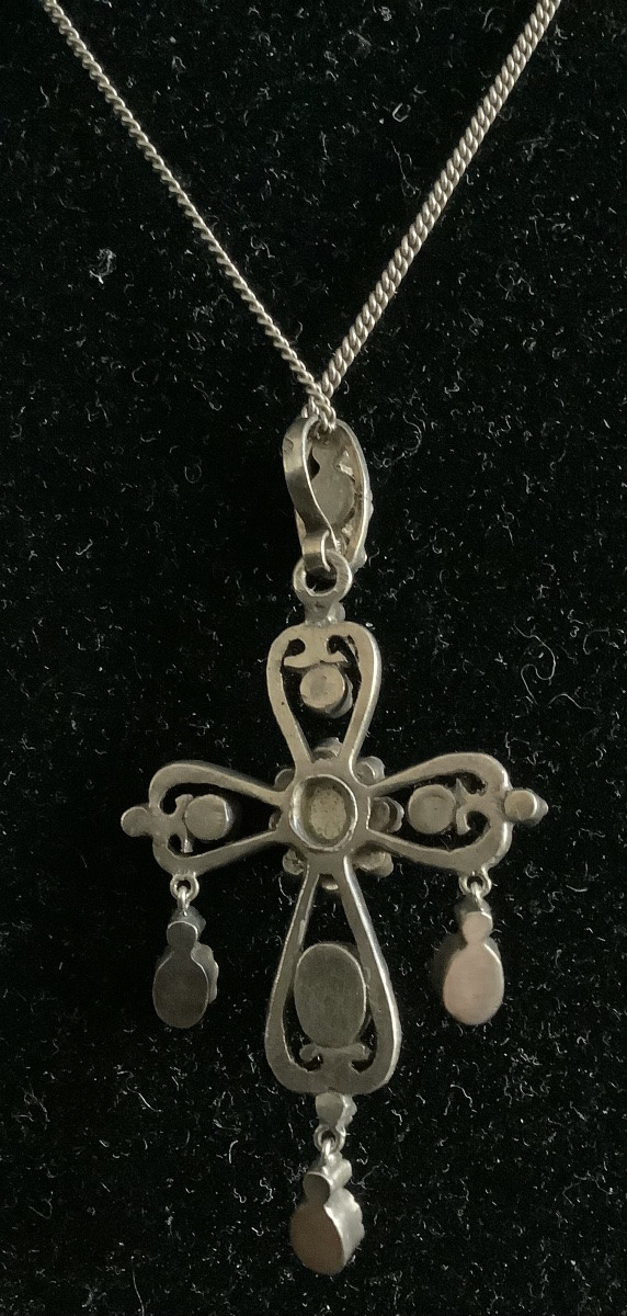 Pendentif Croix Ancienne En Argent, émail Et Pierre Du Rhin-photo-1