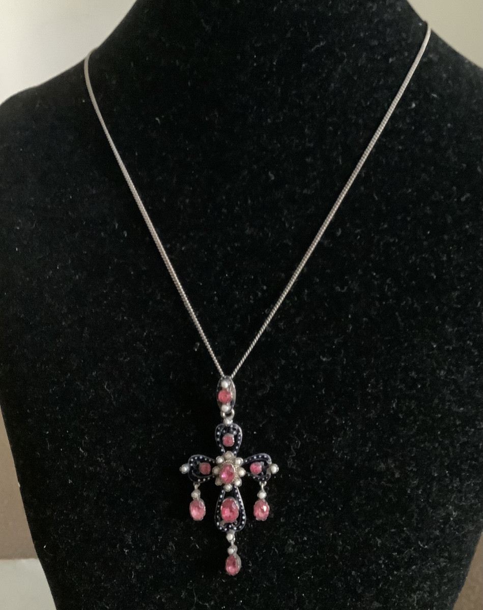 Pendentif Croix Ancienne En Argent, émail Et Pierre Du Rhin