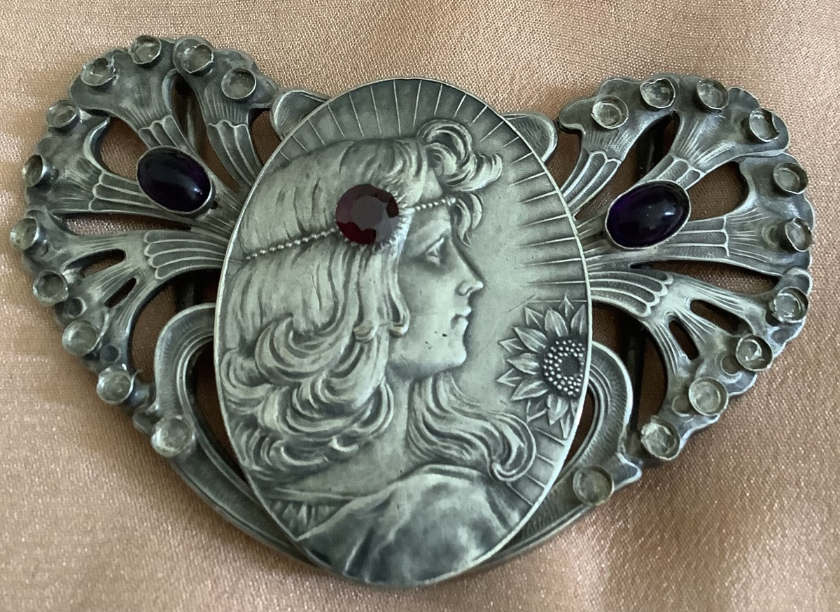 Boucle de ceinture en métal argenté d’un portrait de femme art nouveau-photo-3
