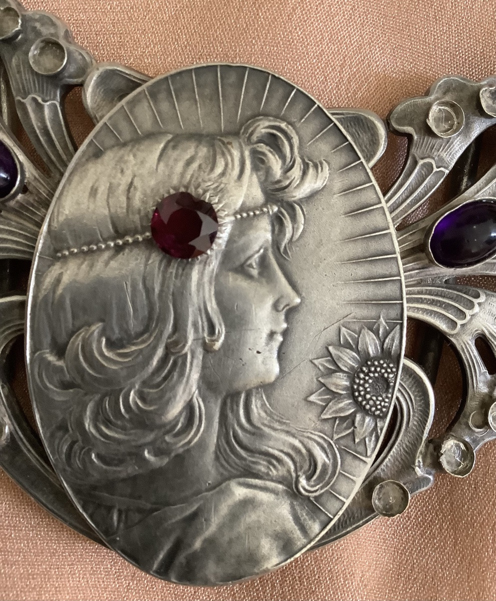 Boucle de ceinture en métal argenté d’un portrait de femme art nouveau-photo-4