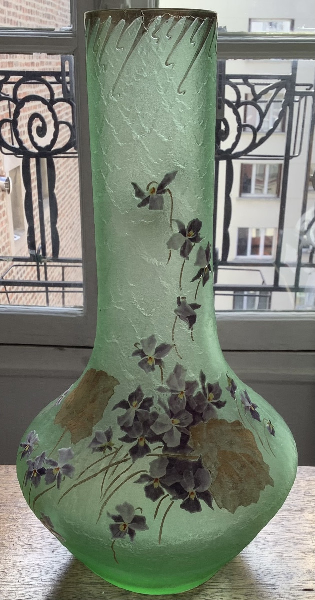 Large Frosted Glass Vase With Legras Scales By Montjoye