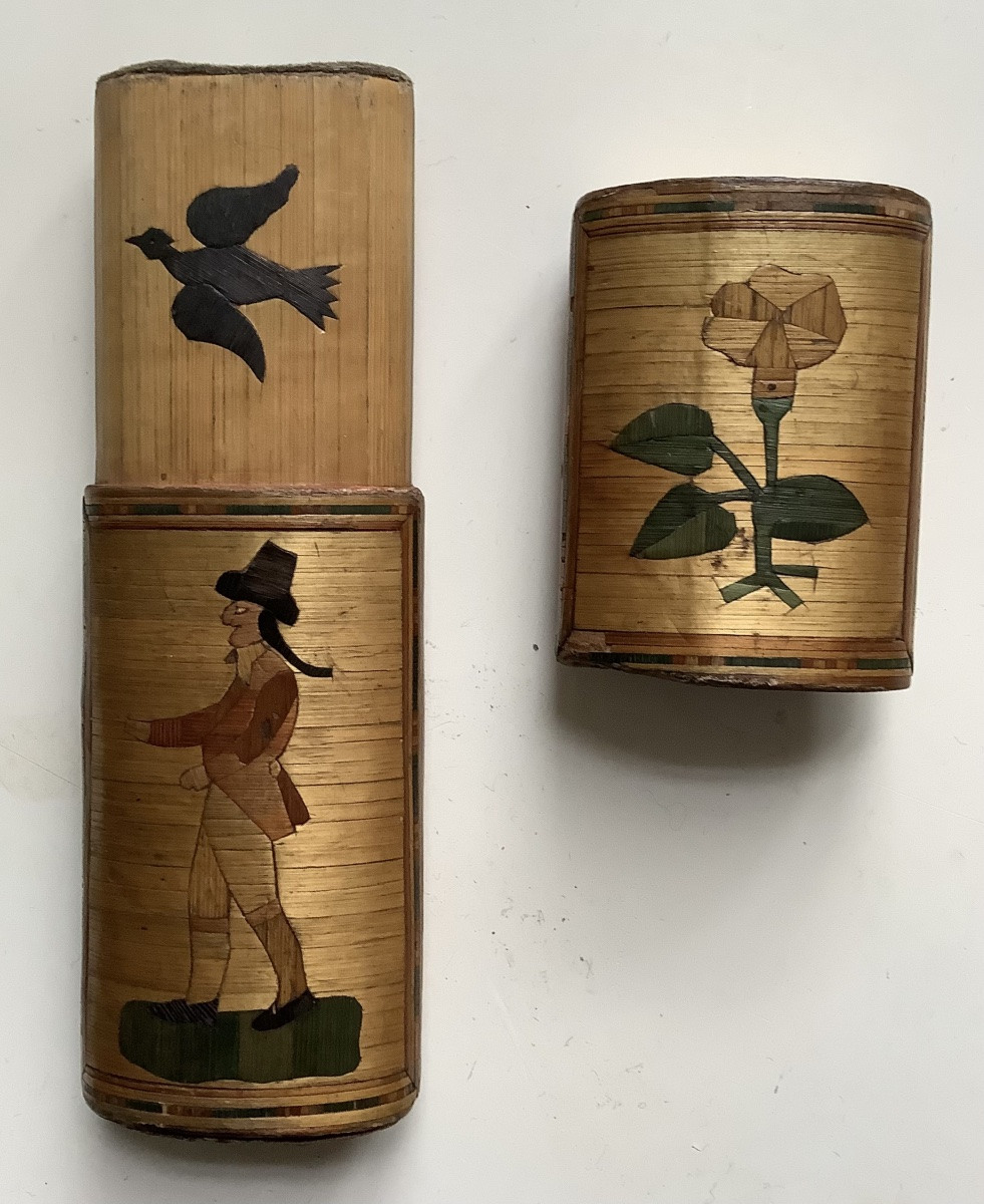 Étui en marqueterie de paille decor personage et fleurs -photo-3