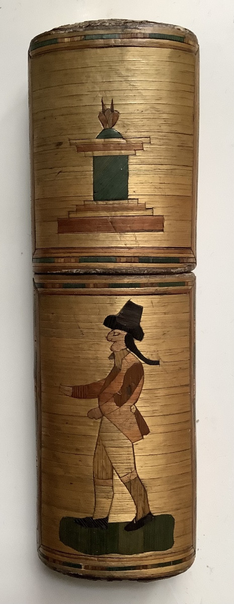 Étui en marqueterie de paille decor personage et fleurs 