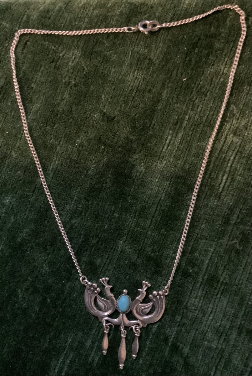 Collier en l’oiseaux fantastique au centre turquoise en argent-photo-4