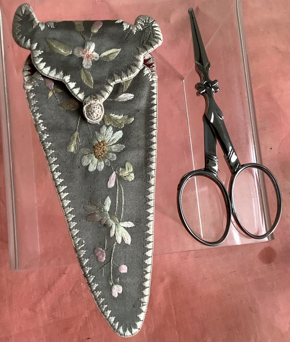 A Pair Of Embroidery Scissors With A Silk Fabric Case Embroidered With Flowers 