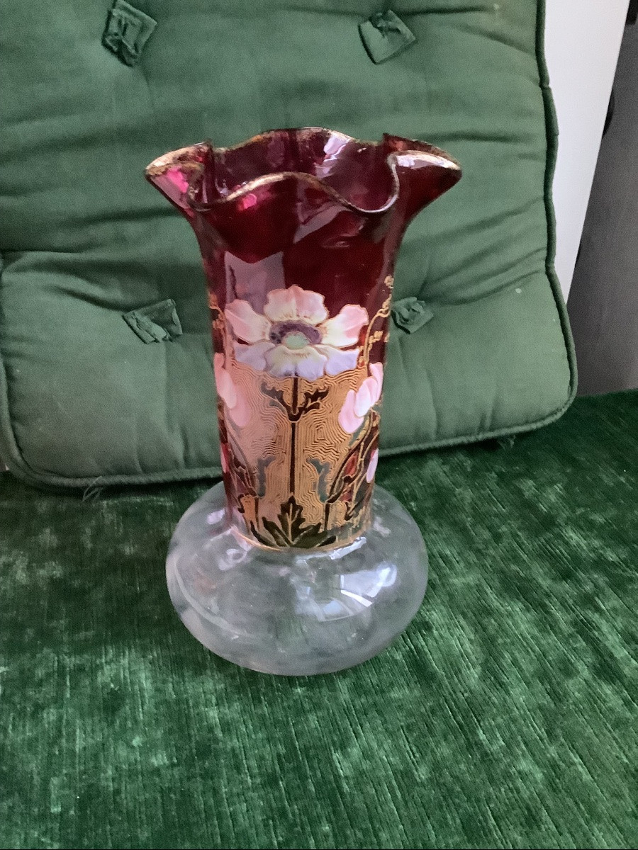 Vase By Legras In Enameled Glass With Floral Decoration-photo-2