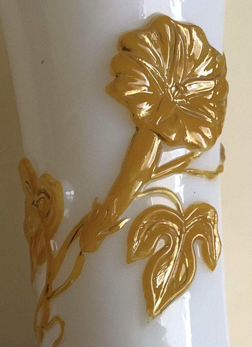 A White Opaline Glass Vase With A Horn-shaped Opening, Decorated With Morning Glories Flowers. -photo-2