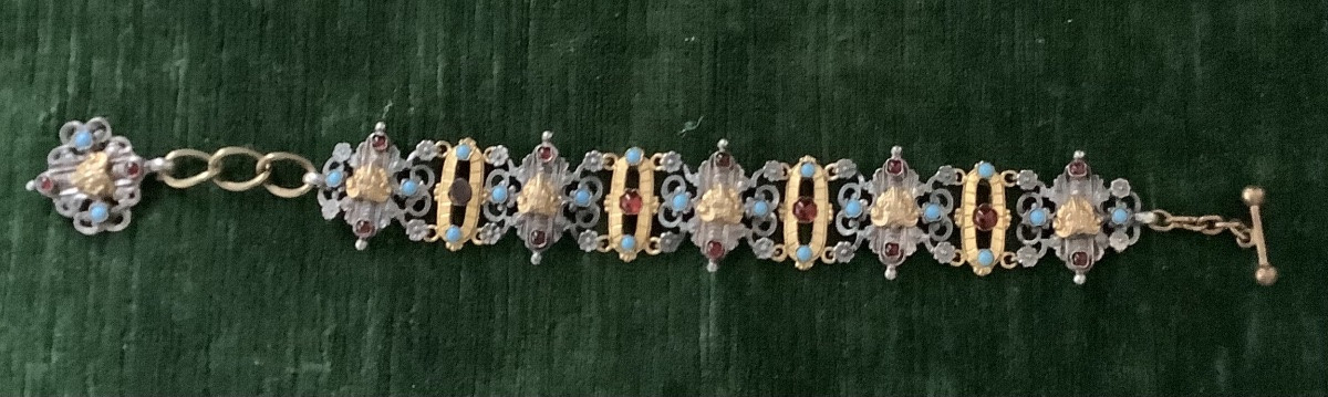 Metal Bracelet With Garnet And Turquoise-photo-2