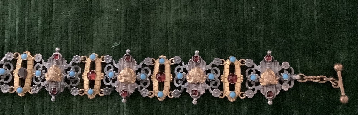 Metal Bracelet With Garnet And Turquoise-photo-3