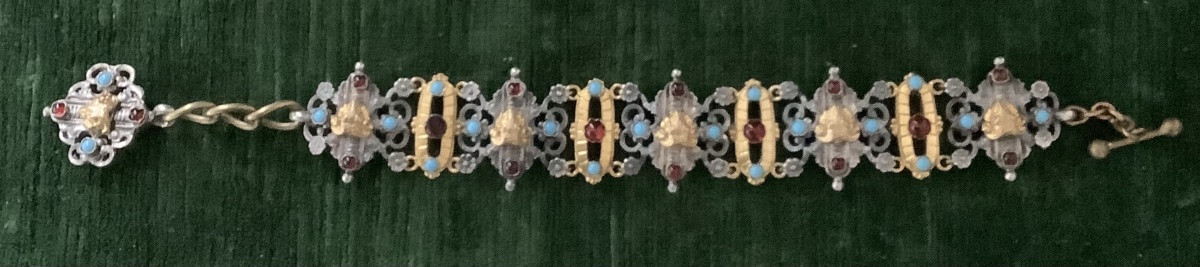 Metal Bracelet With Garnet And Turquoise-photo-4