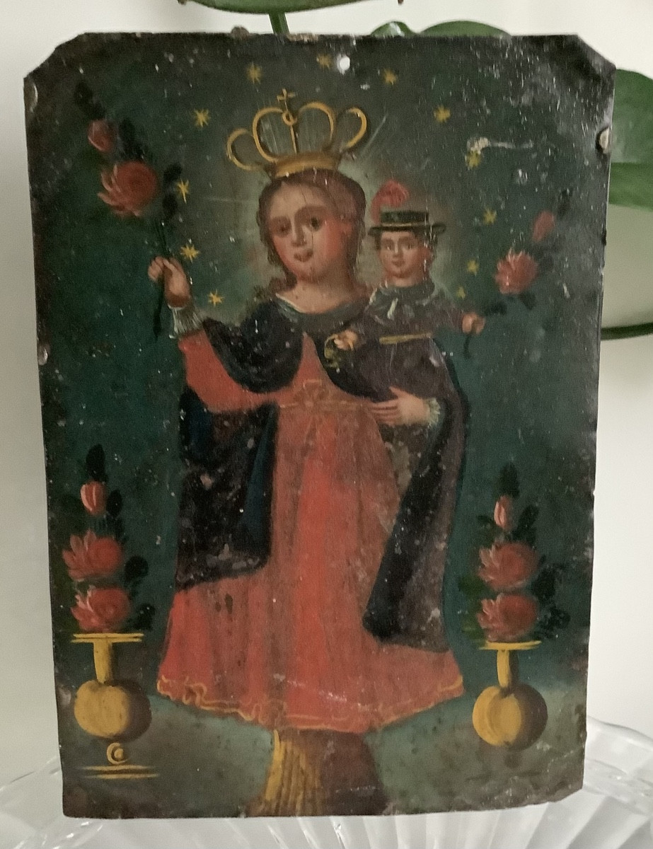 Peinture  en oil Madre de Atocha Retablo en etain