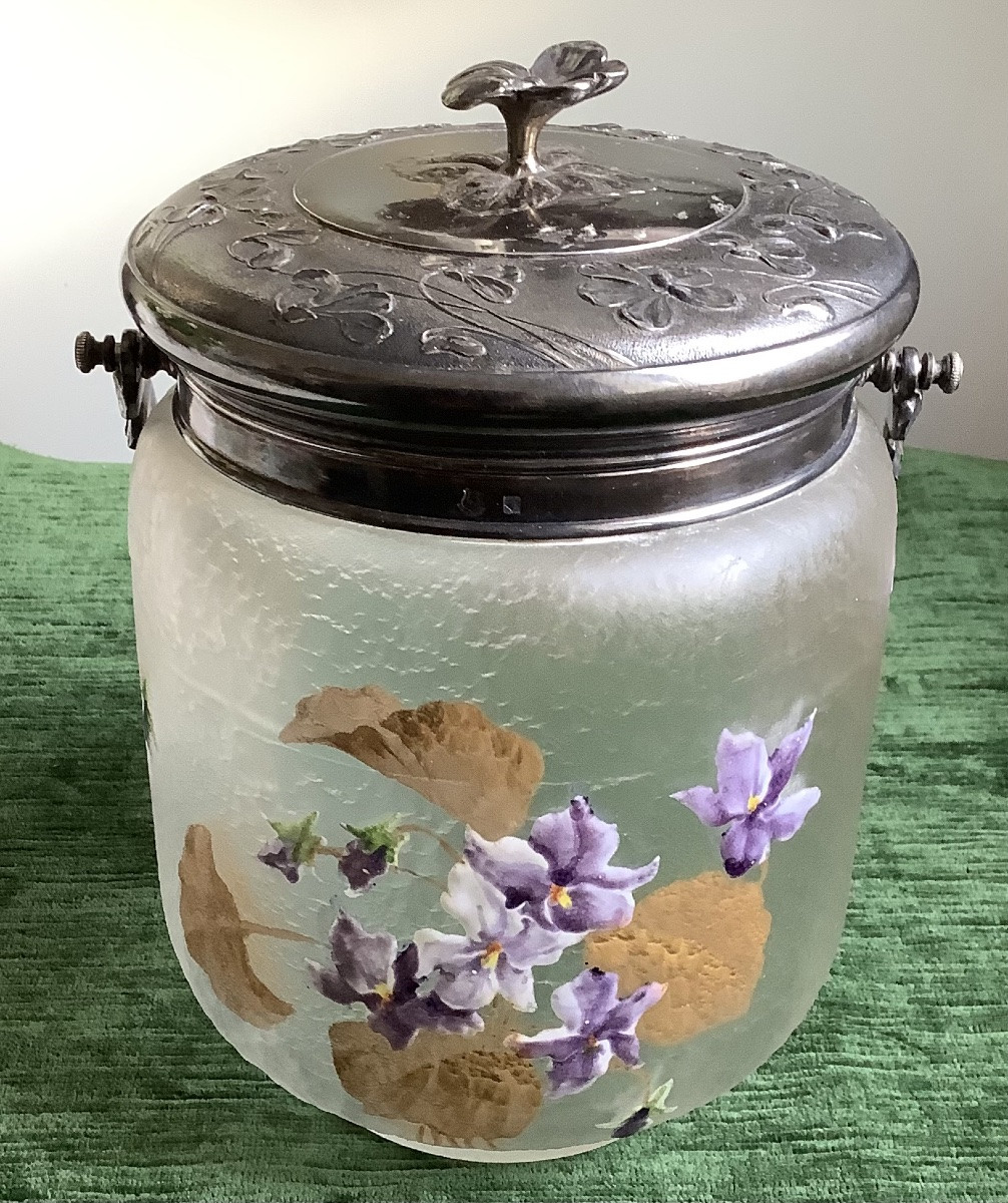 Sceau à biscuit art nouveau décor de fleurs de violette monté en etain-photo-2