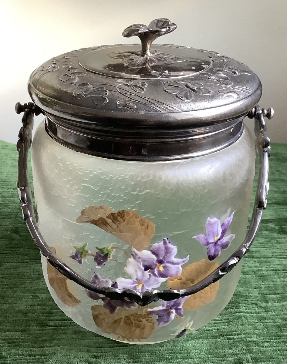 Sceau à biscuit art nouveau décor de fleurs de violette monté en etain-photo-3