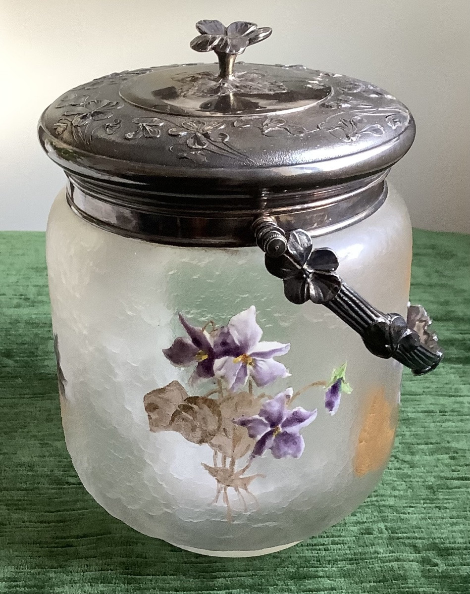 Sceau à biscuit art nouveau décor de fleurs de violette monté en etain-photo-4