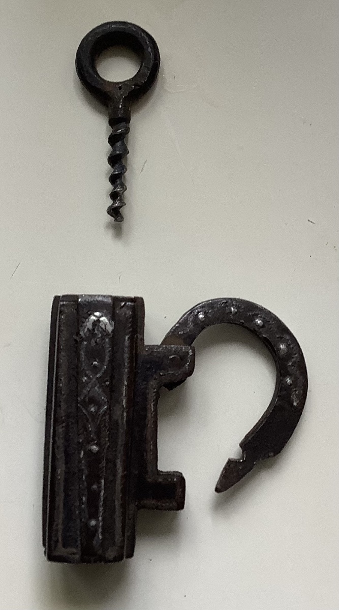 Padlock And Key With Silver Inlay, Featuring A Wrought-iron Screw Mechanism-photo-3