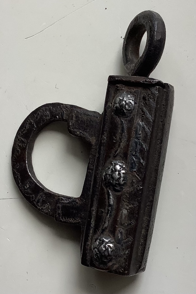 Padlock And Key With Silver Inlay, Featuring A Wrought-iron Screw Mechanism
