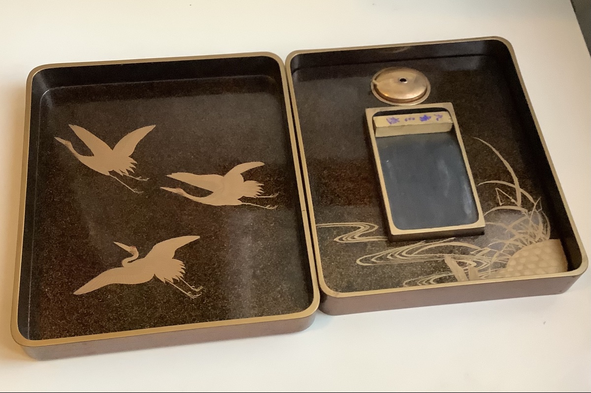 Japanese Writing Box (sujuribako) Made Of Lacquered Wood Contains An Inkstone (suzuri)-photo-2