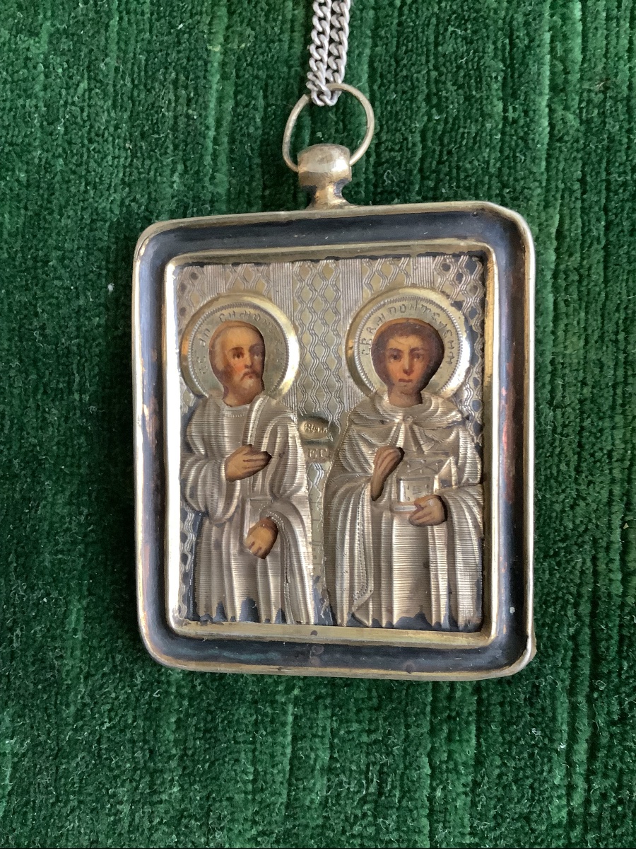 Icon russe en vermeil Saint Simon le Cananéen et saint Pantaléon  de Nicomédie-photo-2
