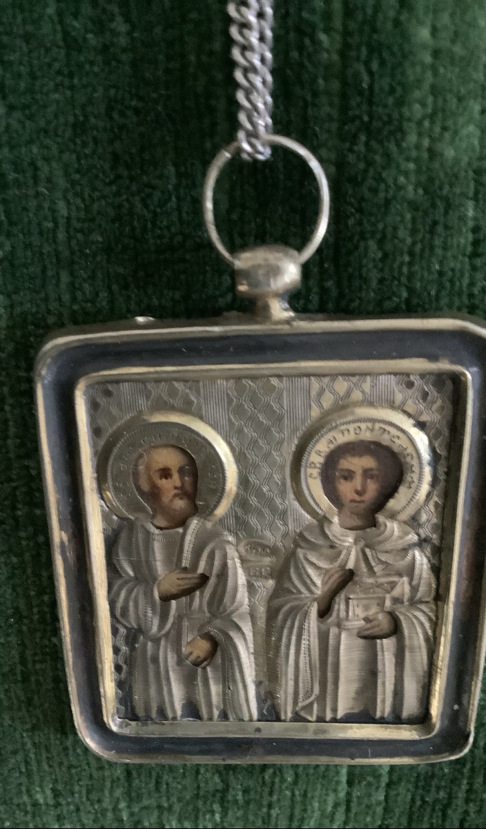 Icon russe en vermeil Saint Simon le Cananéen et saint Pantaléon  de Nicomédie-photo-3