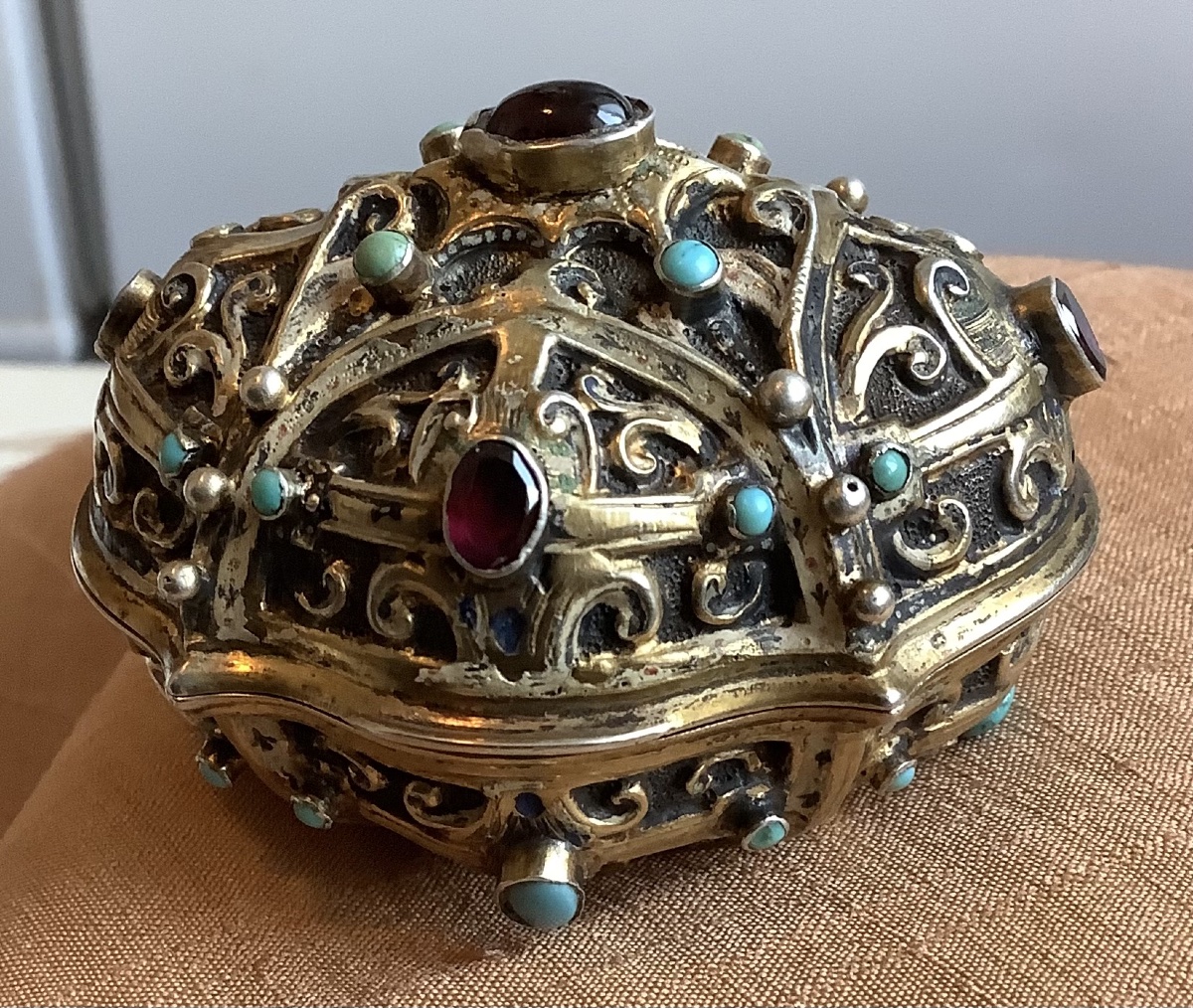 Vermeil Box With Garnet And Turquoise Design