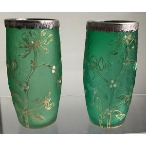 A Pair Of Vases Signed Daum Decorated With Mistletoe Mounted In Silver