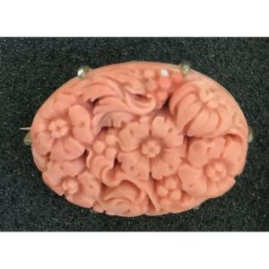Coral Brooch With Flower Decor And Silver Support
