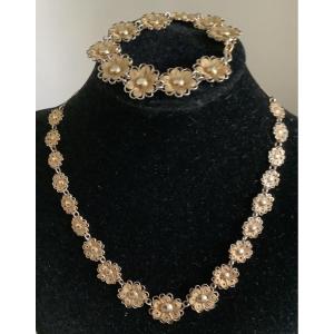 Filigree Silver Flower Necklace And Bracelet 
