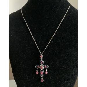 Antique Cross Pendant In Silver, Enamel And Rhinestone