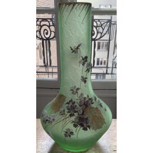 Grand vase verre givré écailles Legras signé Montjoye