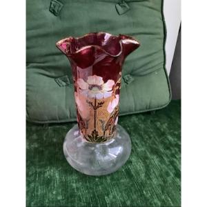 Vase By Legras In Enameled Glass With Floral Decoration