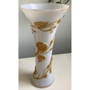 A White Opaline Glass Vase With A Horn-shaped Opening, Decorated With Morning Glories Flowers. 
