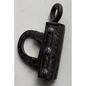 Padlock And Key With Silver Inlay, Featuring A Wrought-iron Screw Mechanism