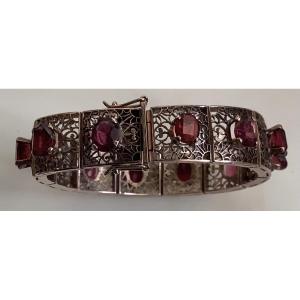 Vermeil Metal Bracelet With Twelve Red Cabochon Stones