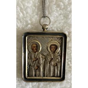 Icon russe en vermeil Saint Simon le Cananéen et saint Pantaléon  de Nicomédie
