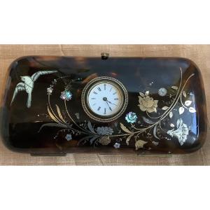 Cigarette Case Decorated With Flowers And A Bird, Made Of Silver-plated Mother-of-pearl, With A Wind-up Watch