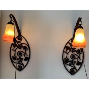 2 Wrought Iron Sconces With 2 Tulips In Glass Paste Signed Muller Frères Luneville