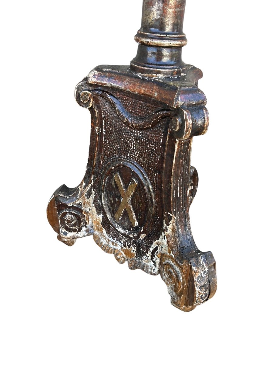 Large Candle Holder In Polychrome And Gilded Carved Wood-photo-2