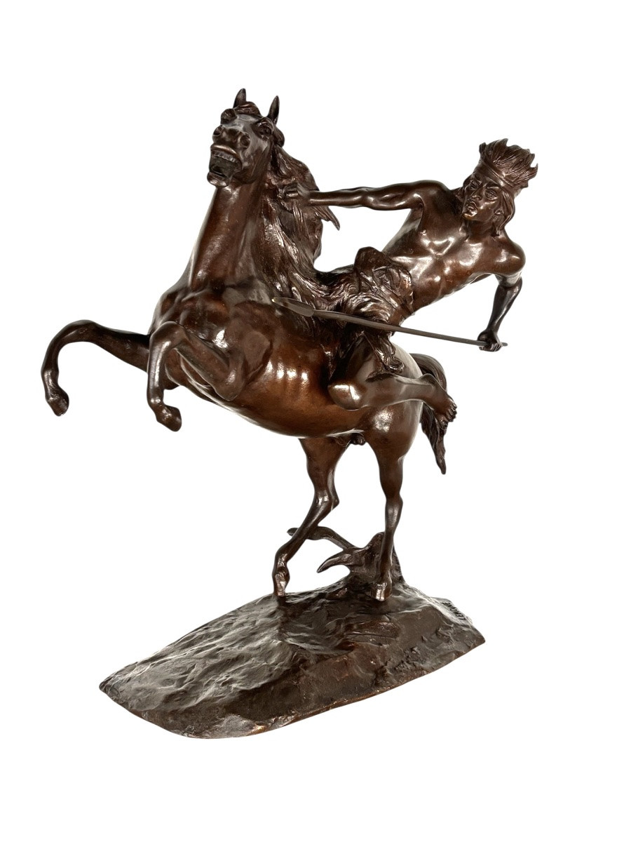 Native American Bronze Cast - Indian Warrior On Horseback - Charles Lemoine  -photo-2