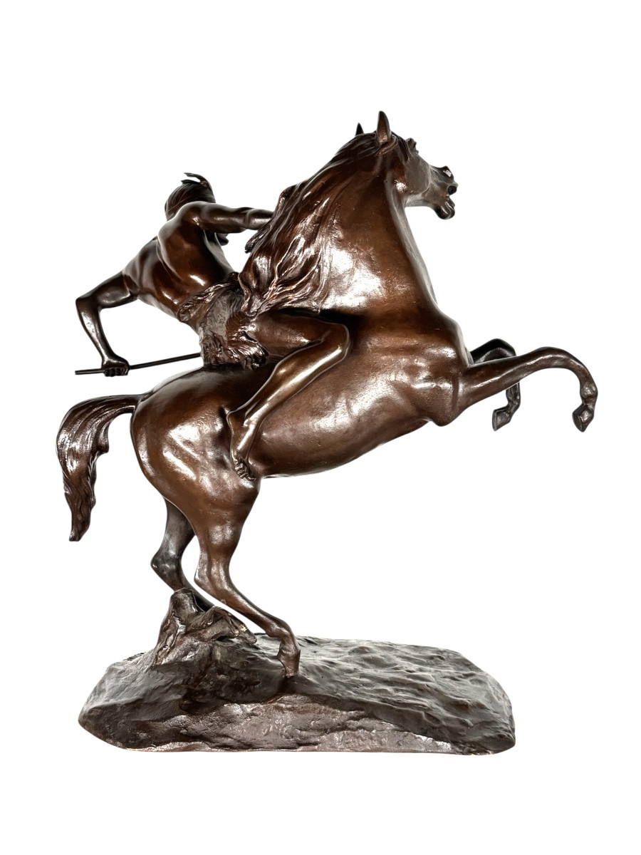 Native American Bronze Cast - Indian Warrior On Horseback - Charles Lemoine  -photo-4