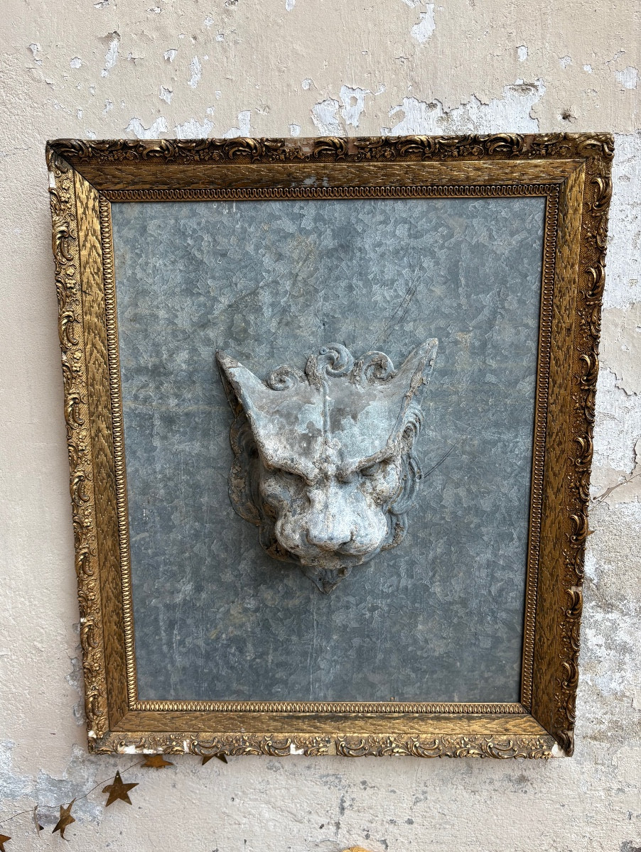 1900 Zinc Gargoyle Head With Contemporary Decorative Frame 
