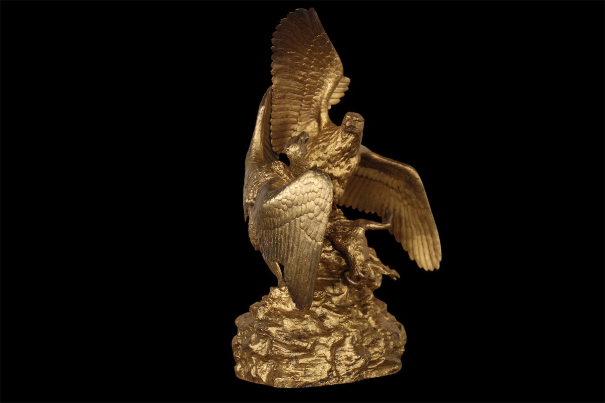 Épreuve en bronze doré  - Aigle et Vautour se disputant une Proie - Christophe FRATIN-photo-1