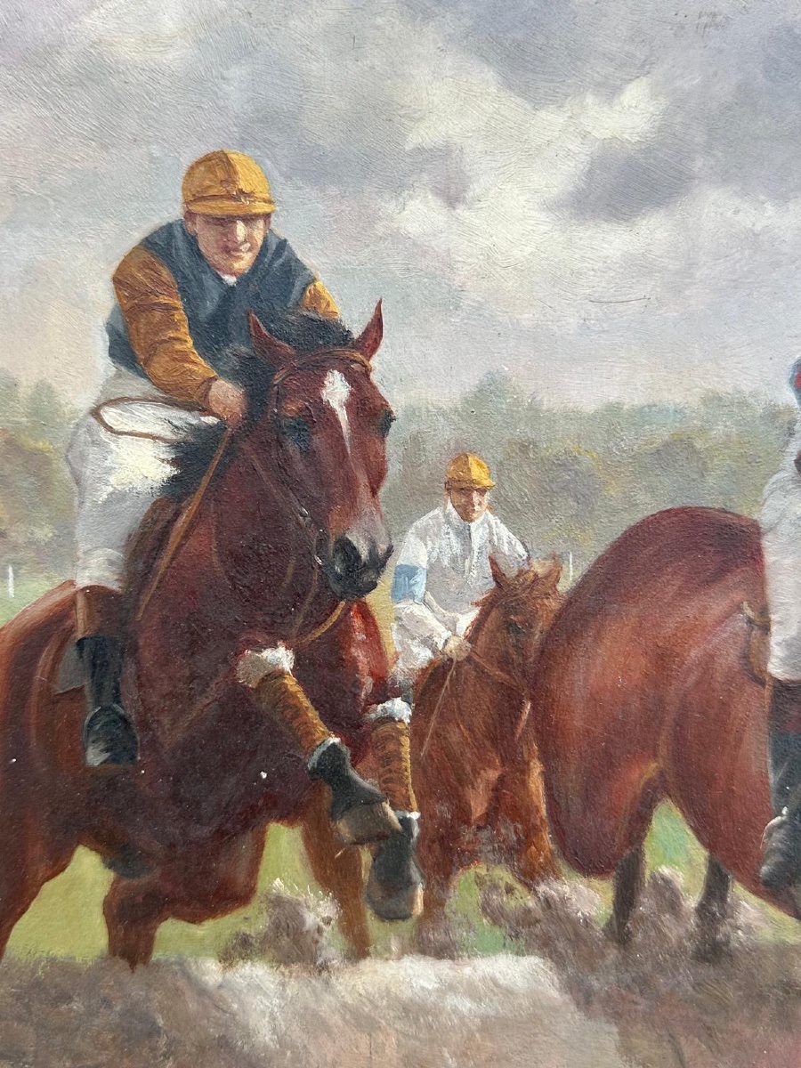 Tableau Huile sur panneau équestre - Jockey à la course - Gustave Mardoché Neymark-photo-3