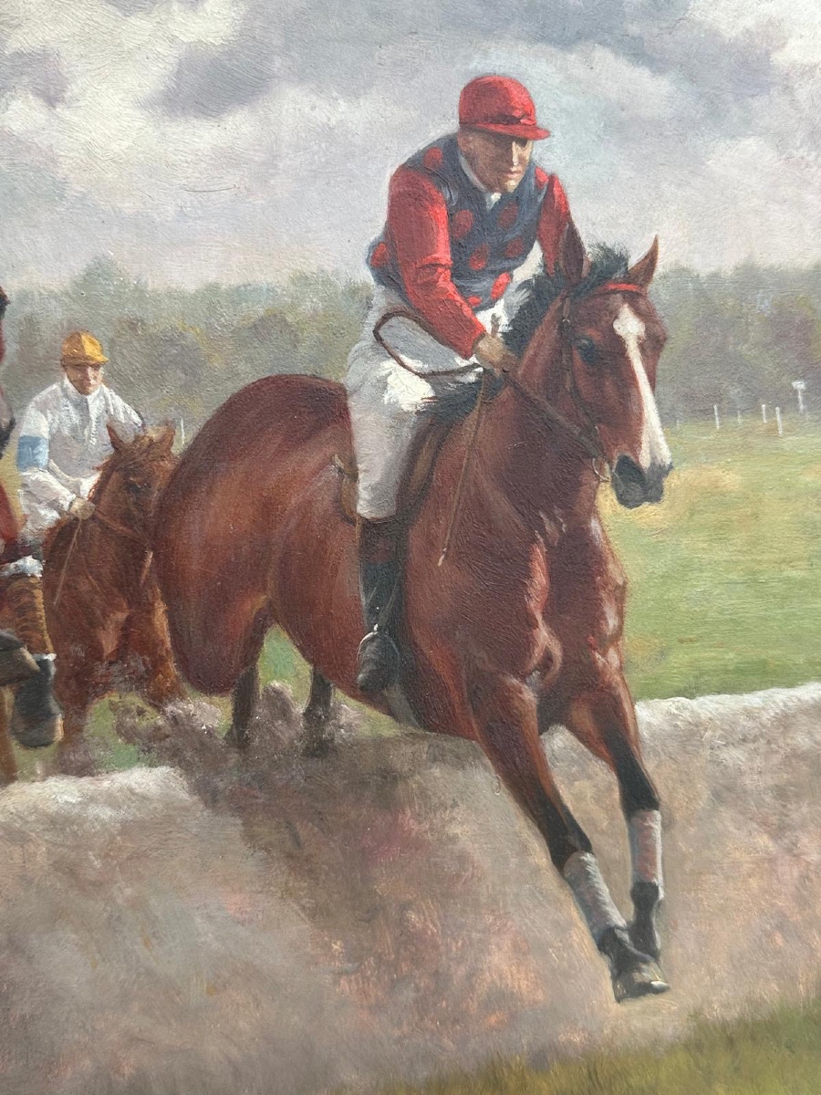 Tableau Huile sur panneau équestre - Jockey à la course - Gustave Mardoché Neymark-photo-4