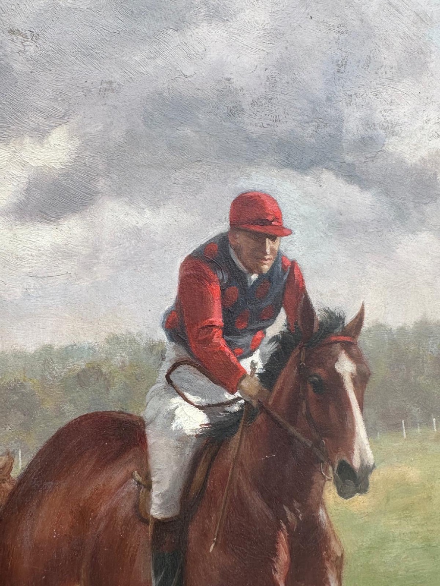 Tableau Huile sur panneau équestre - Jockey à la course - Gustave Mardoché Neymark-photo-1