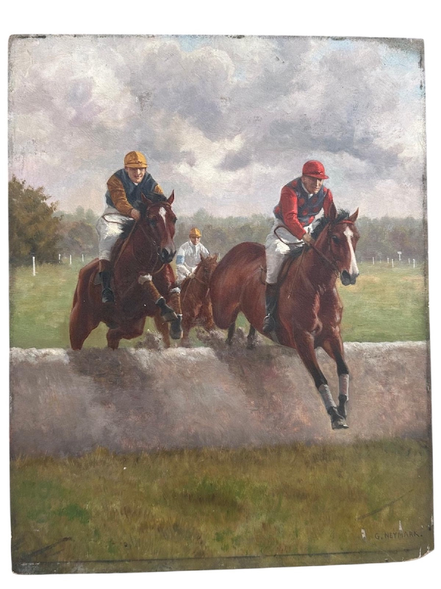 Tableau Huile sur panneau équestre - Jockey à la course - Gustave Mardoché Neymark