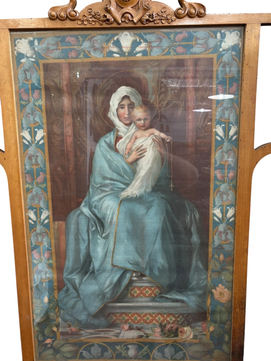 Pair Of Incredible Wooden Frames With Painted Tapestry Of The Virgin And Child -photo-2